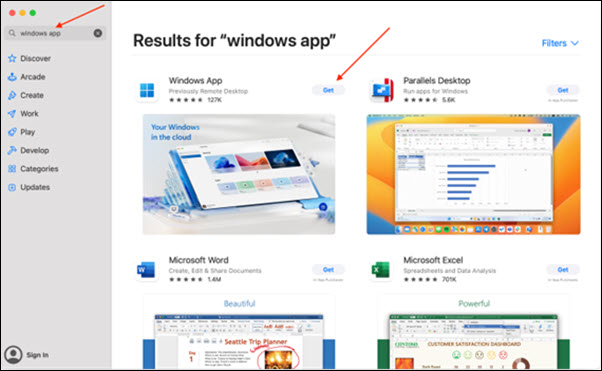 Red arrows to Windows App and Get